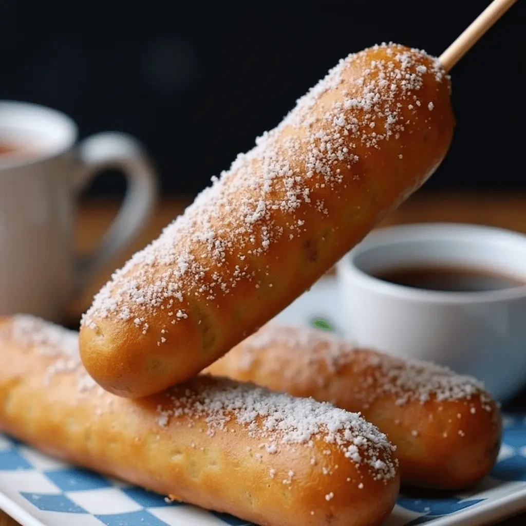 A deep-fried pancake sausage on a stick, dusted with powdered sugar, served with syrup and coffee.