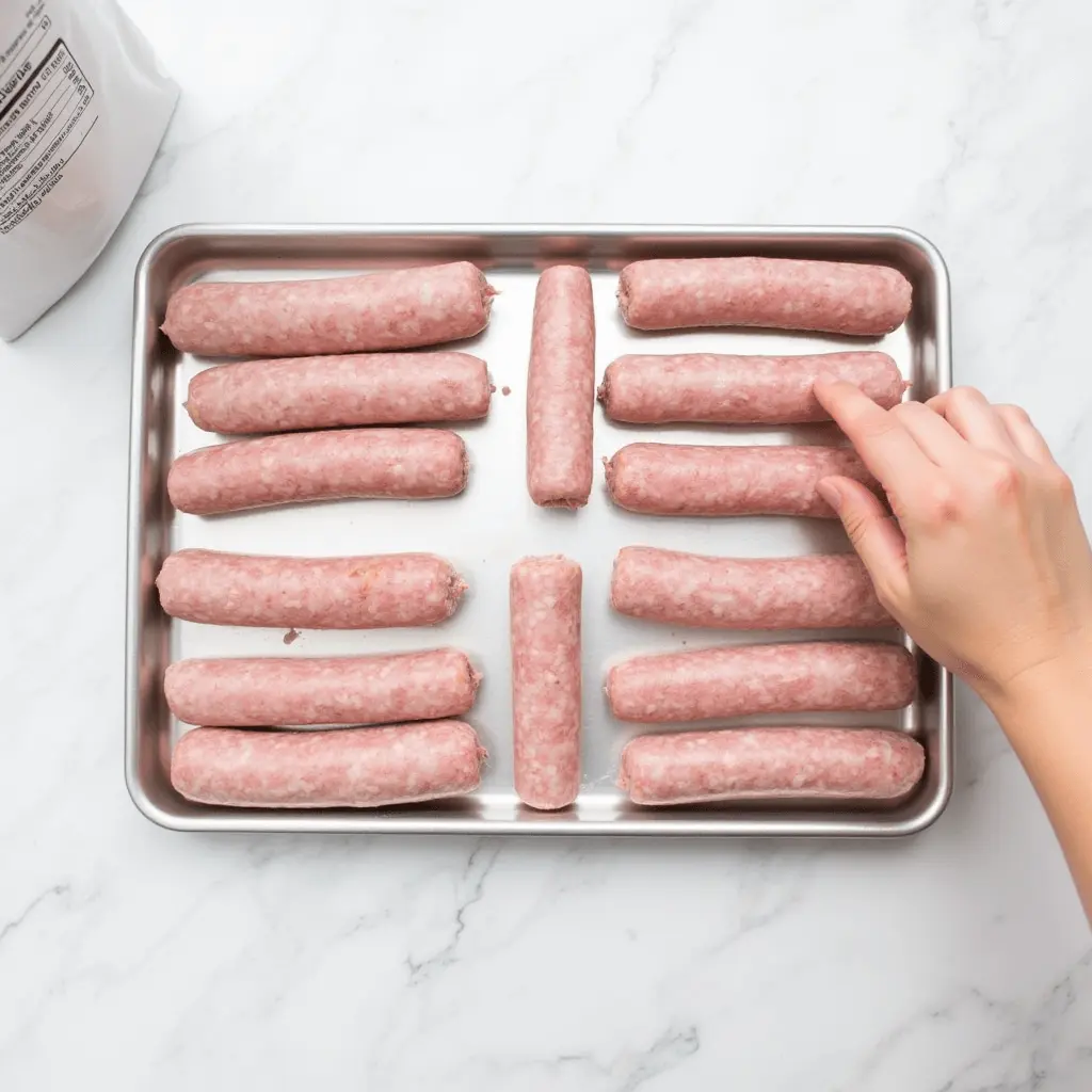 A hand arranging raw sausages on a stainless steel baking tray, preparing them for cooking. The tray is placed on a white marble countertop.