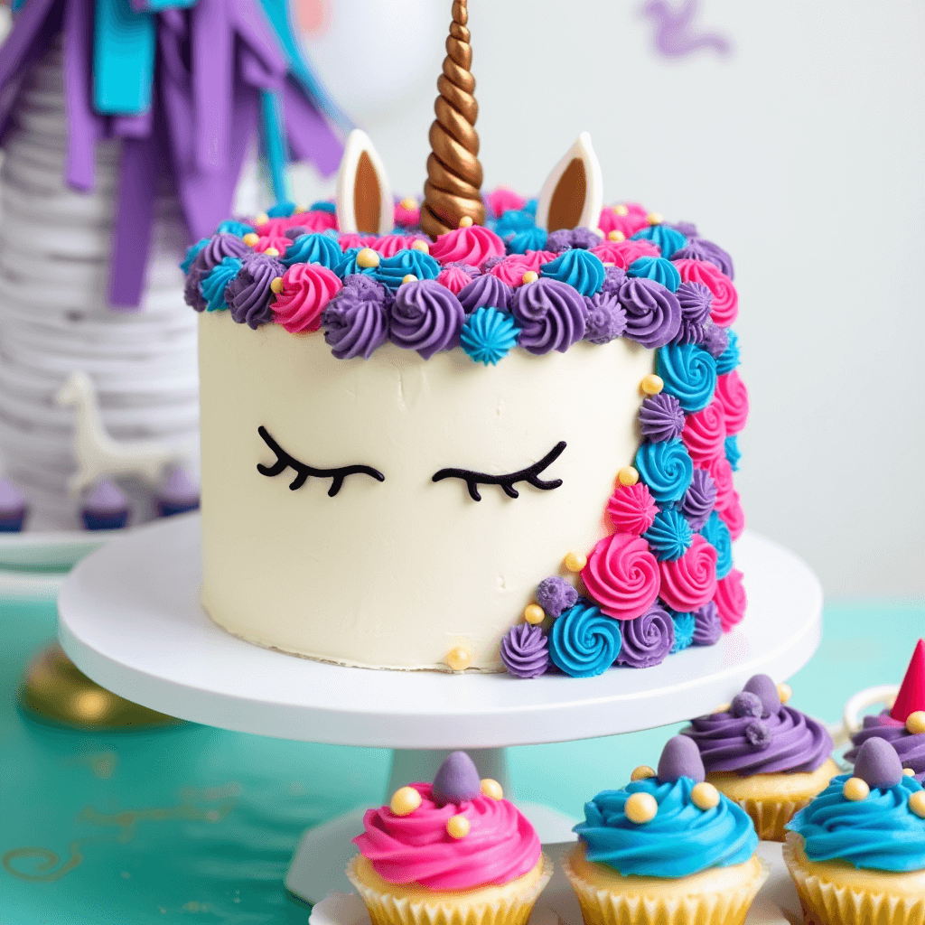 A unicorn cake with a white frosting base, closed eyes design, and ice cream cones as horns. The cake is decorated with colorful pastel buttercream swirls and delicate floral piping.