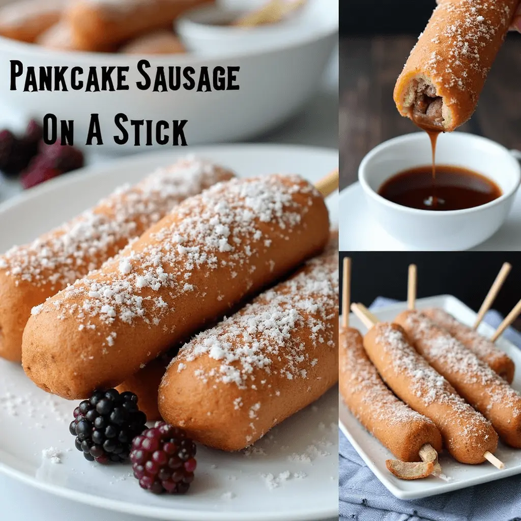 A collage of images featuring golden-brown pancake-wrapped sausages on sticks, dusted with powdered sugar, served with syrup and fresh blackberries.