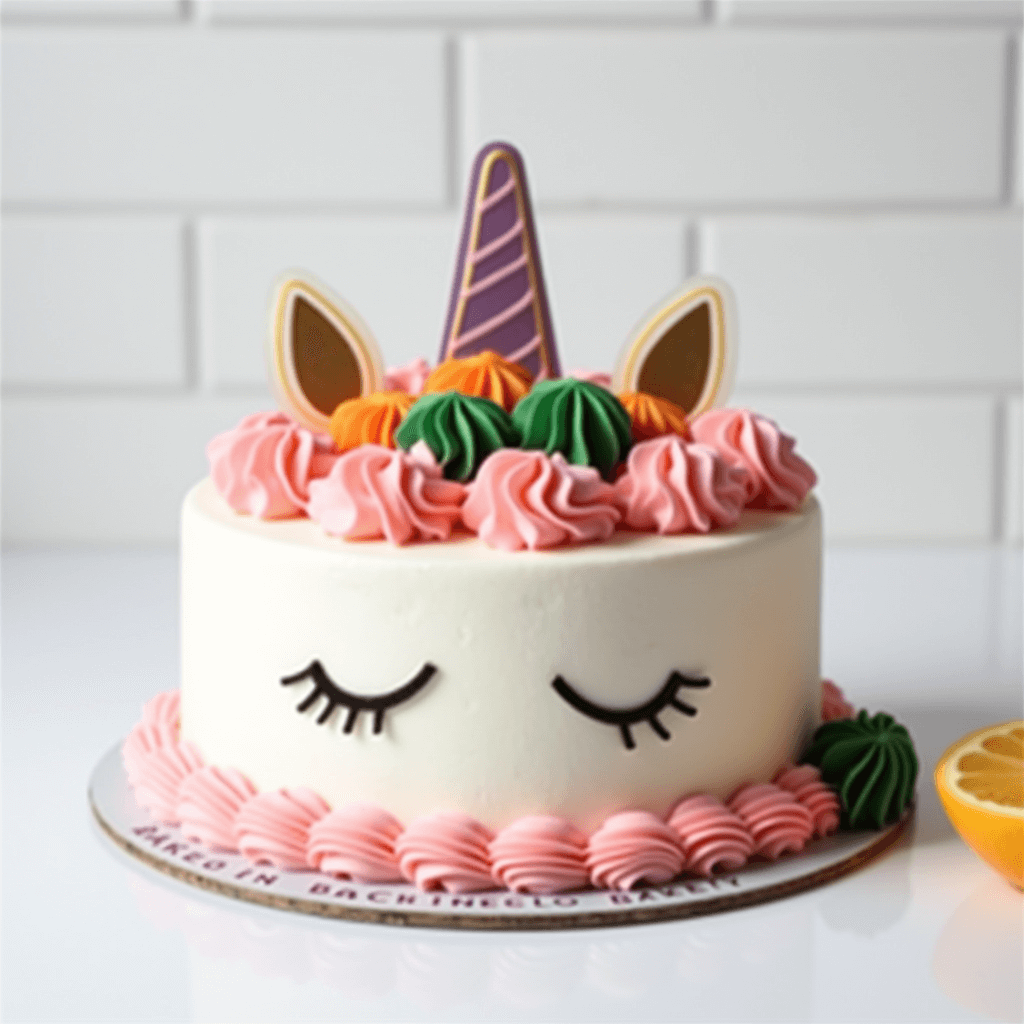 A unicorn-themed cake with a white frosting base, pink and green frosting swirls, and a purple and gold horn topper flanked by gold-tipped ears. The cake is decorated with closed black icing eyes and sits on a cake board. A lemon slice is visible in the foreground against a white tiled background.