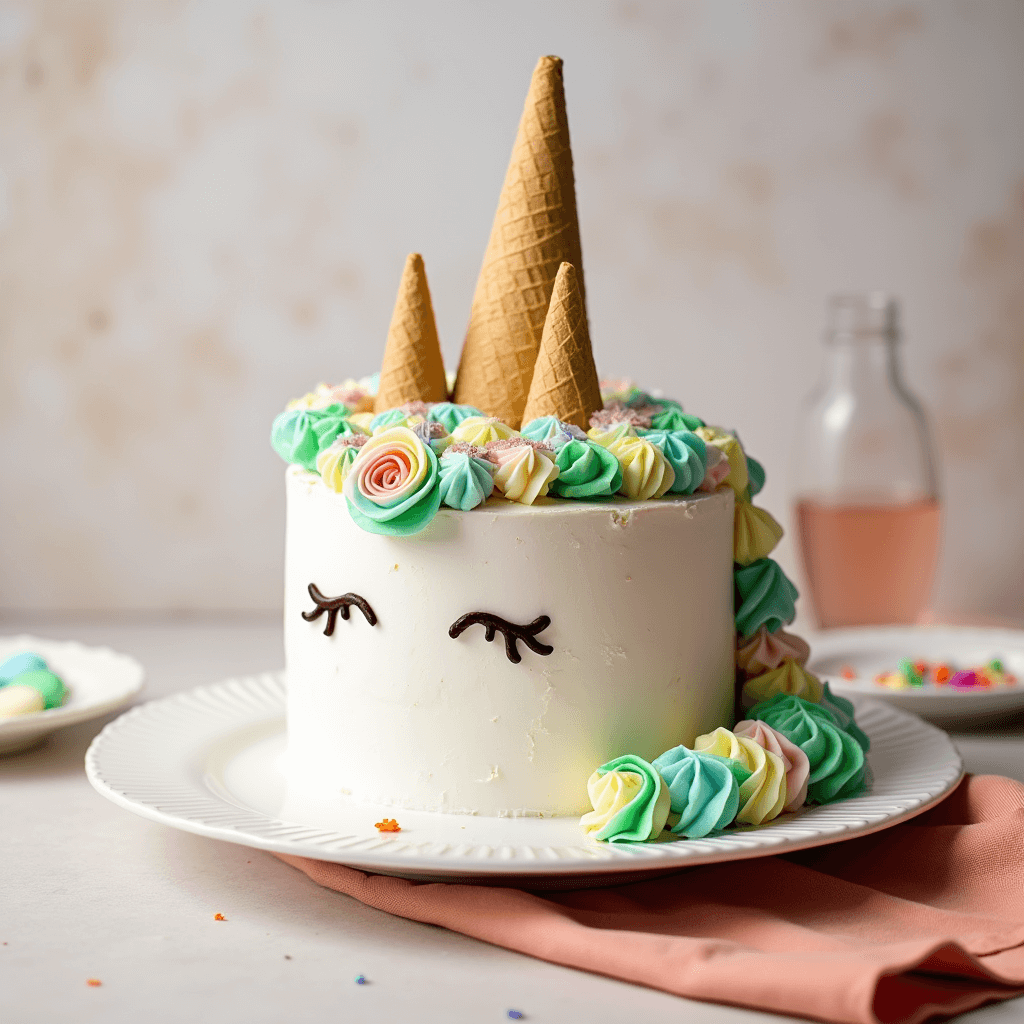 A whimsical unicorn-themed cake decorated with pastel-colored frosting swirls, two ice cream cones as horns, and black icing eyes with eyelashes on a white plate. The background is softly blurred with hints of pink and a bottle in the distance.