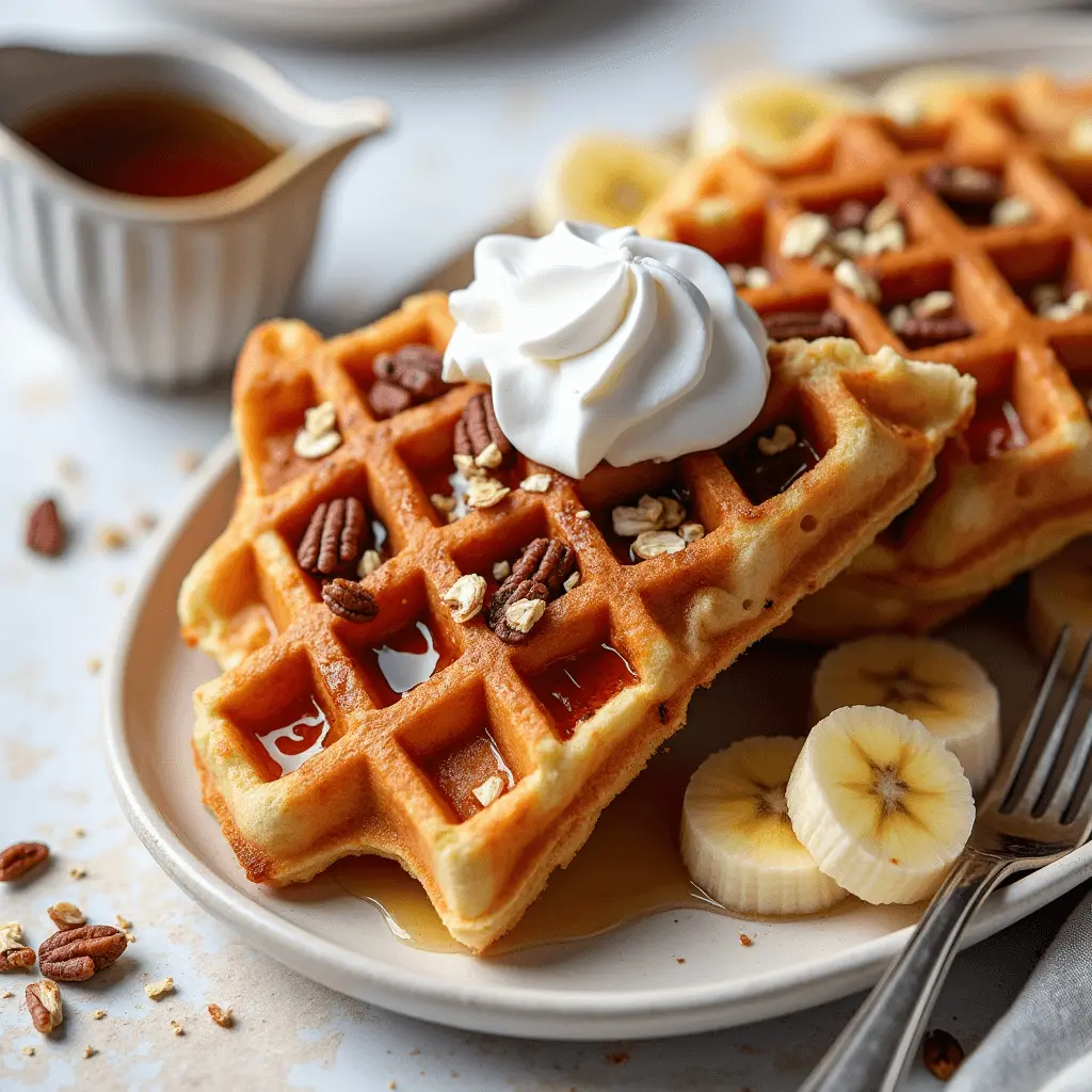 A plate of golden waffles topped with pecans, oats, and whipped cream, drizzled with syrup, and served with banana slices.