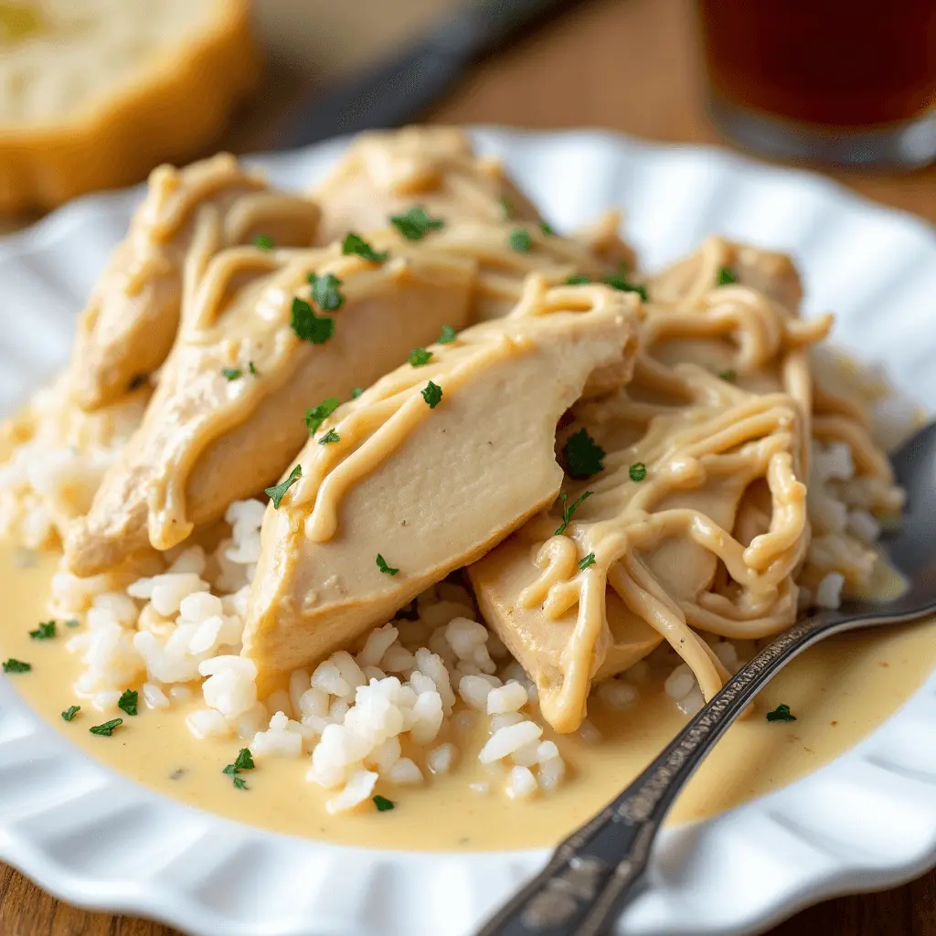 A plate of creamy slow-cooked chicken served over white rice, garnished with fresh parsley.