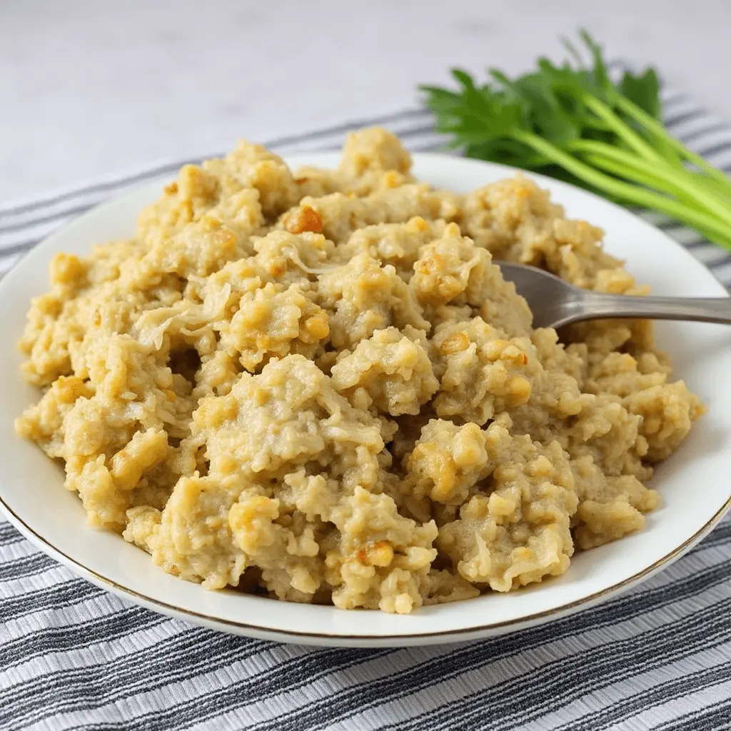 A plate of creamy mashed lentils and rice, served with a spoon, garnished with fresh parsley in the background.