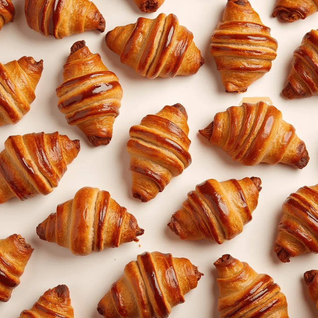 A collection of golden-brown, flaky croissants with a glossy finish, arranged neatly on a light background.