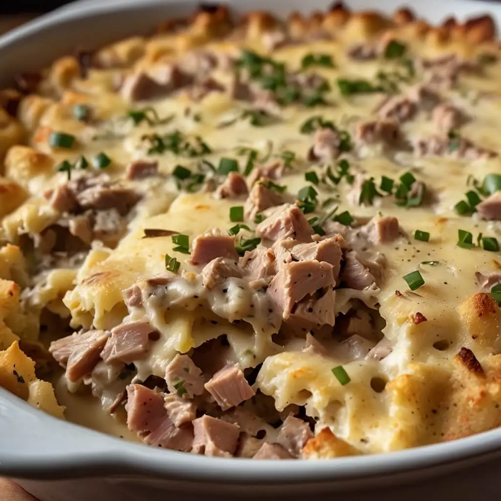 A creamy, cheesy tuna casserole with pasta, topped with chopped chives, served in a white baking dish.