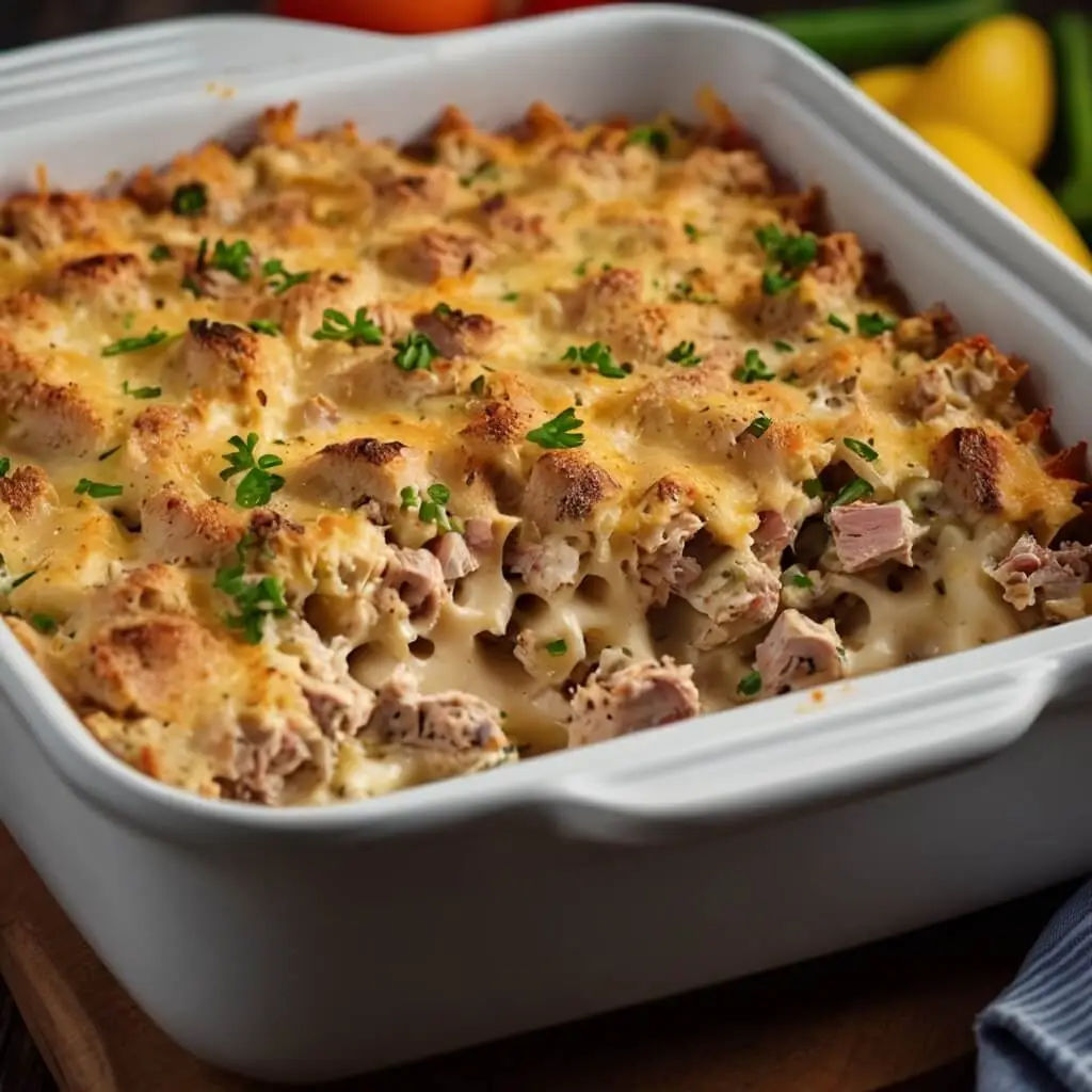 A golden-brown, cheesy tuna casserole with pasta, garnished with fresh parsley, served in a white baking dish.