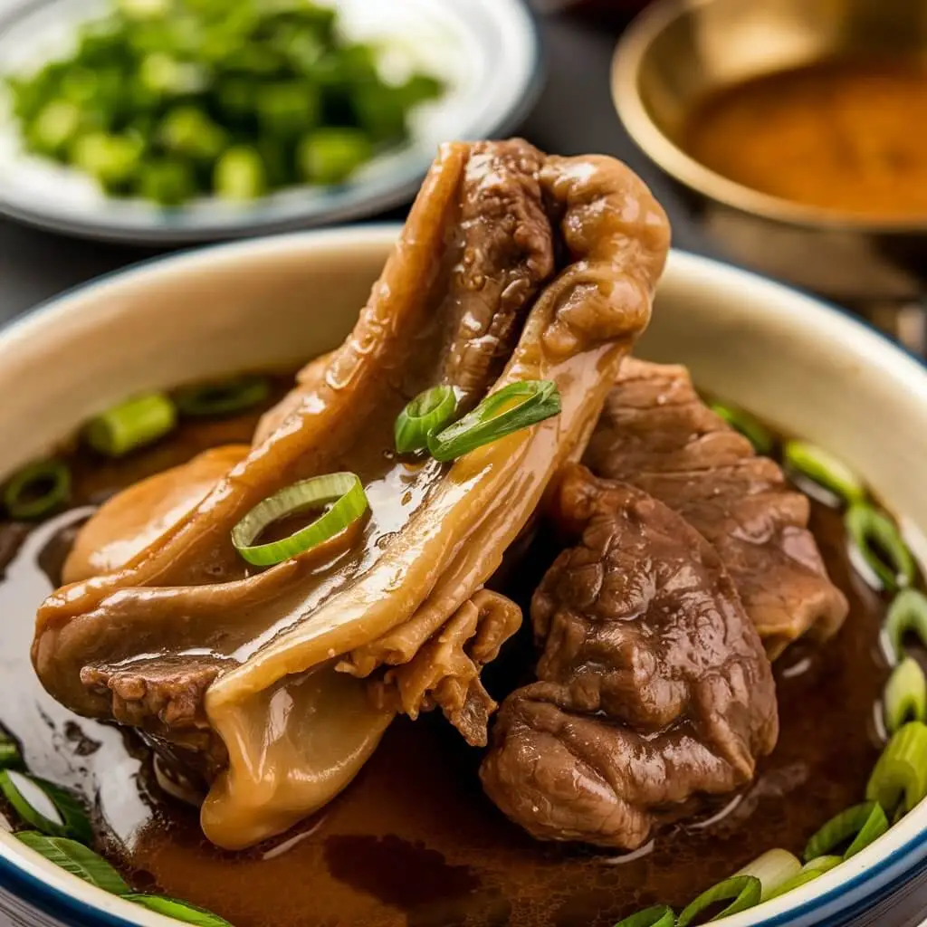 A close-up shot of a bowl of braised beef tendons and meat in a rich, dark broth, garnished with chopped green onions.