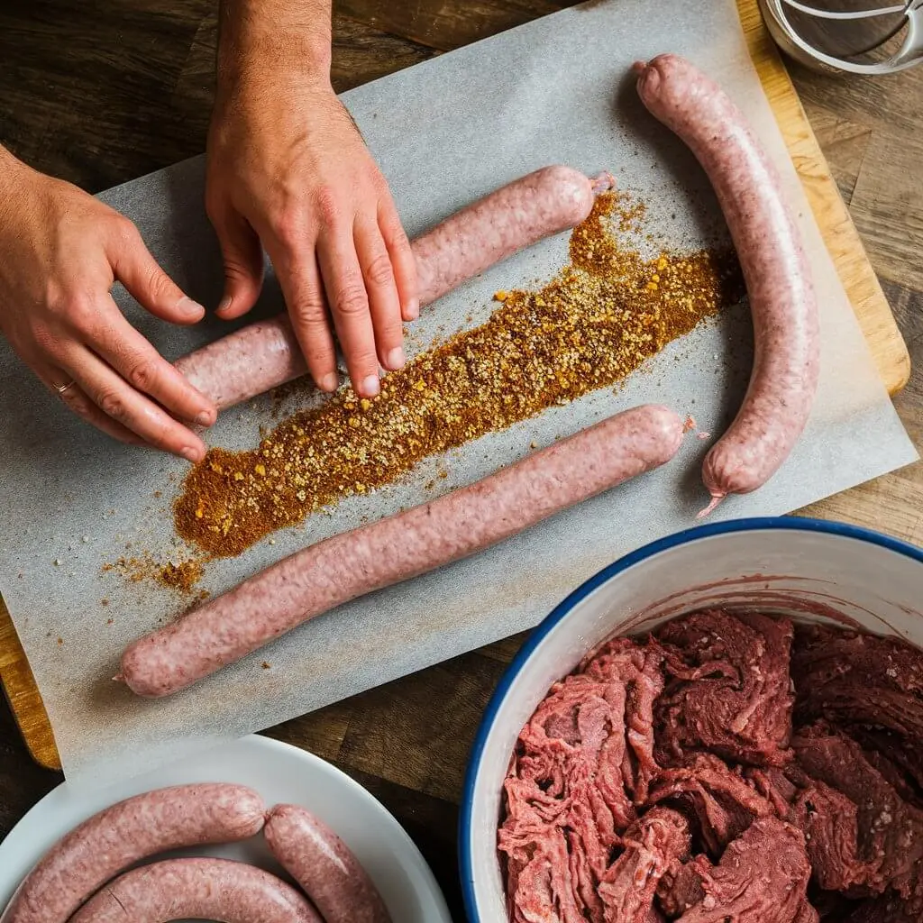 Hands rolling raw sausages over a layer of seasoning on parchment paper, with a bowl of ground meat and additional sausages nearby.