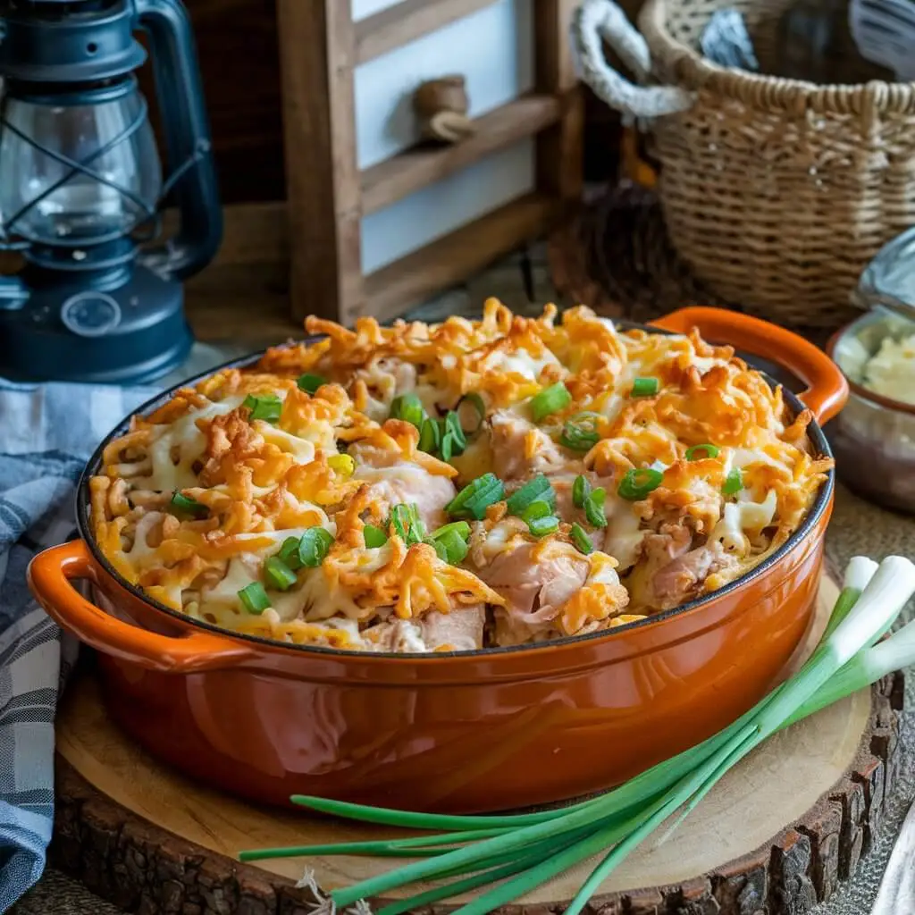 A rustic buffalo chicken casserole in an orange cast iron dish, topped with crispy fried onions, melted cheese, and garnished with fresh green onions.