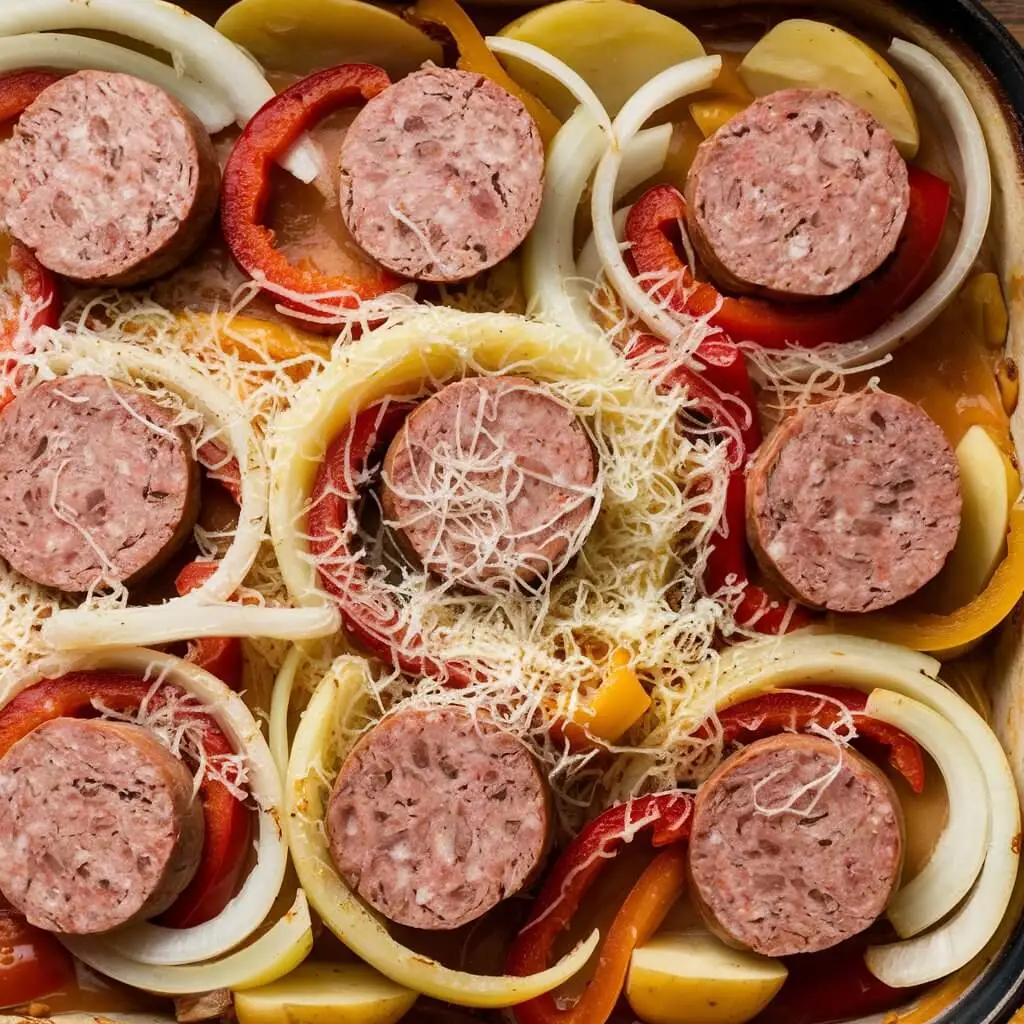 A close-up of a baked dish featuring sliced beef sausage, onions, bell peppers, potatoes, and melted cheese.