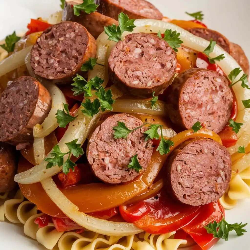 A plate of pasta topped with sliced beef sausage, sautéed onions, bell peppers, and fresh parsley.