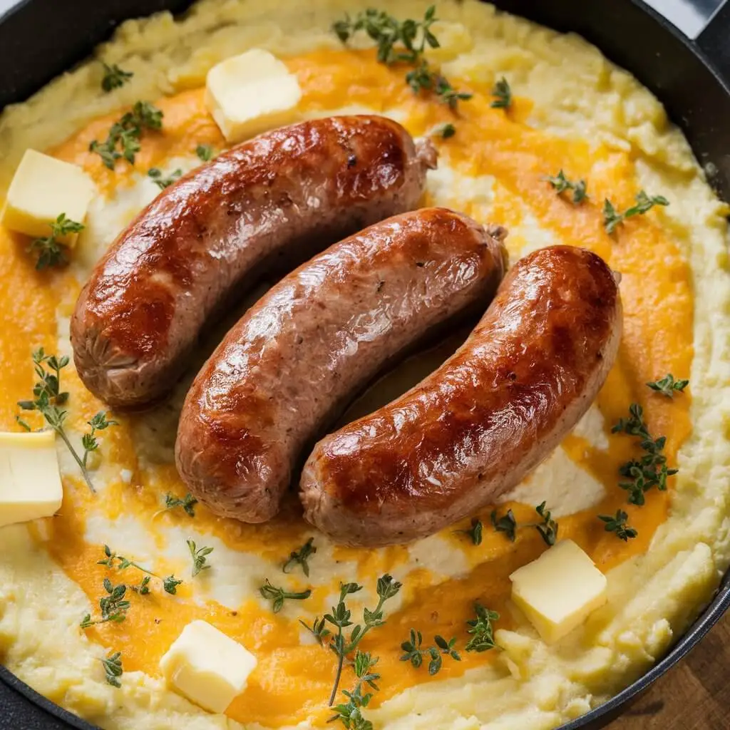 A plate of creamy mashed potatoes topped with three browned sausages, melted butter, and fresh thyme.