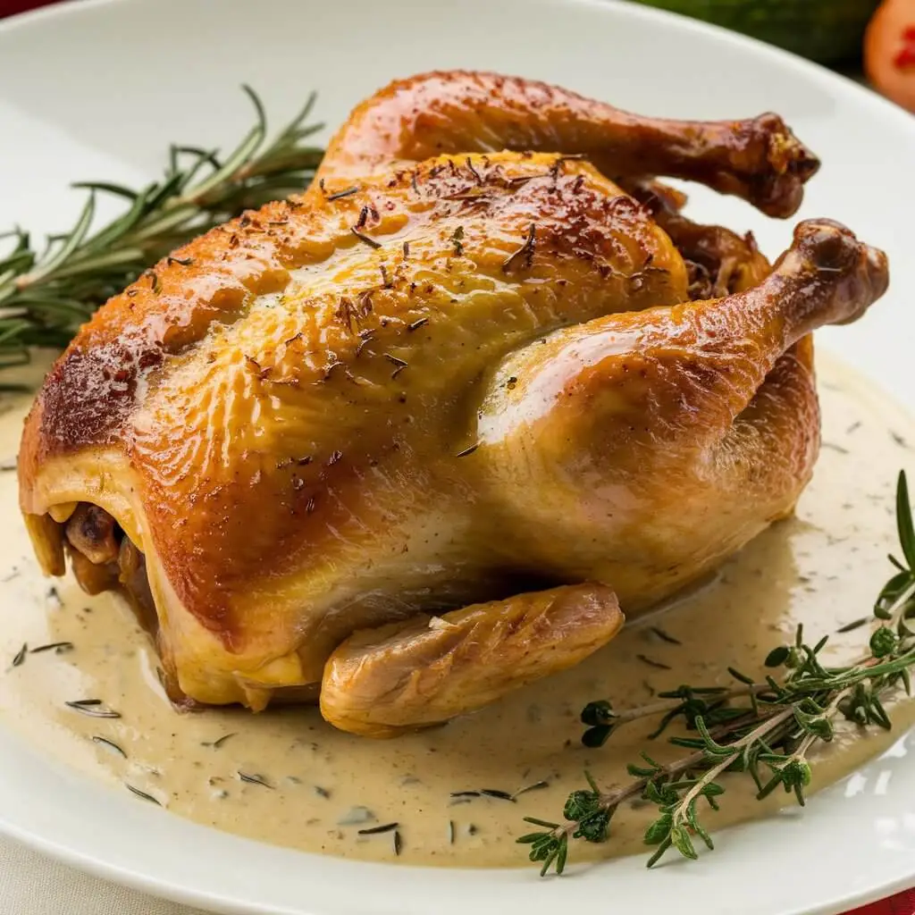 A beautifully roasted whole chicken with golden, crispy skin, served on a plate with a creamy herb sauce and garnished with fresh rosemary and thyme.