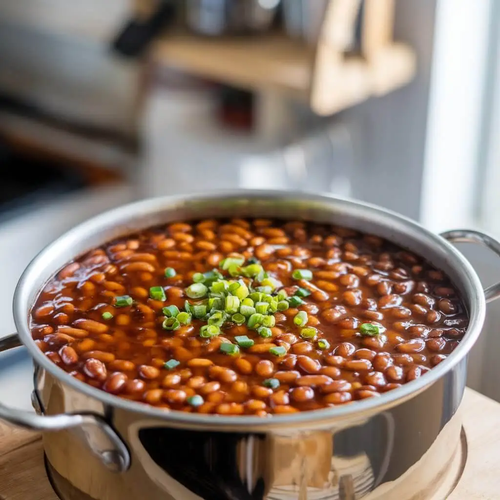 A steaming pot of homemade baked beans garnished with freshly chopped green onions, sitting on a wooden countertop in a cozy kitchen.