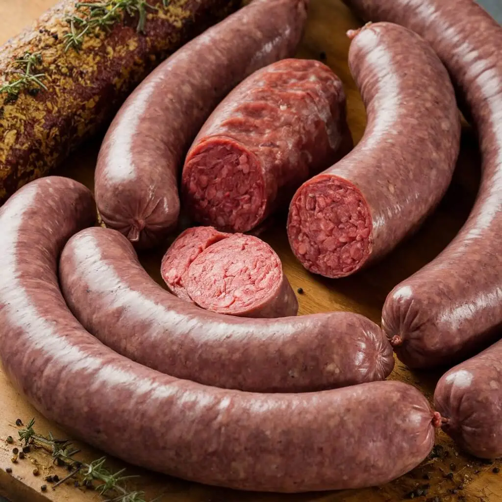 A selection of raw beef sausages displayed on a wooden cutting board, with some sliced open to reveal their texture.