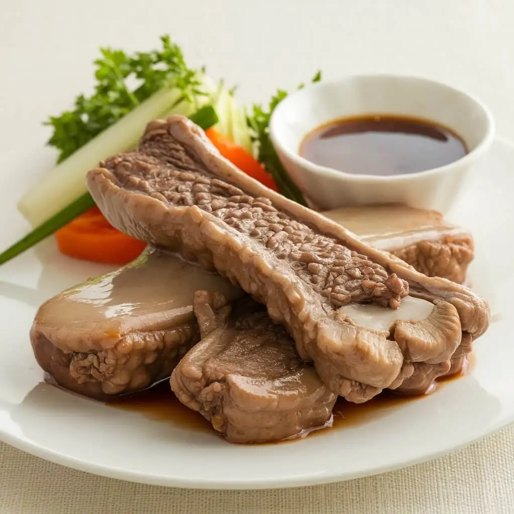 A plate of cooked beef tendons served with fresh vegetables and a side of dipping sauce.