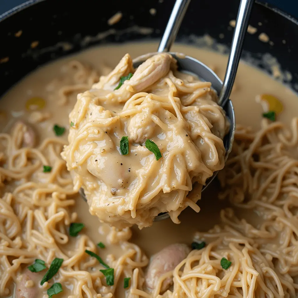 A ladle filled with creamy chicken and noodles, garnished with fresh herbs, lifted from a pot.