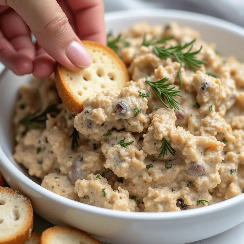 A creamy Salmon salad dip garnished with fresh herbs, served in a white bowl with crispy round crackers.