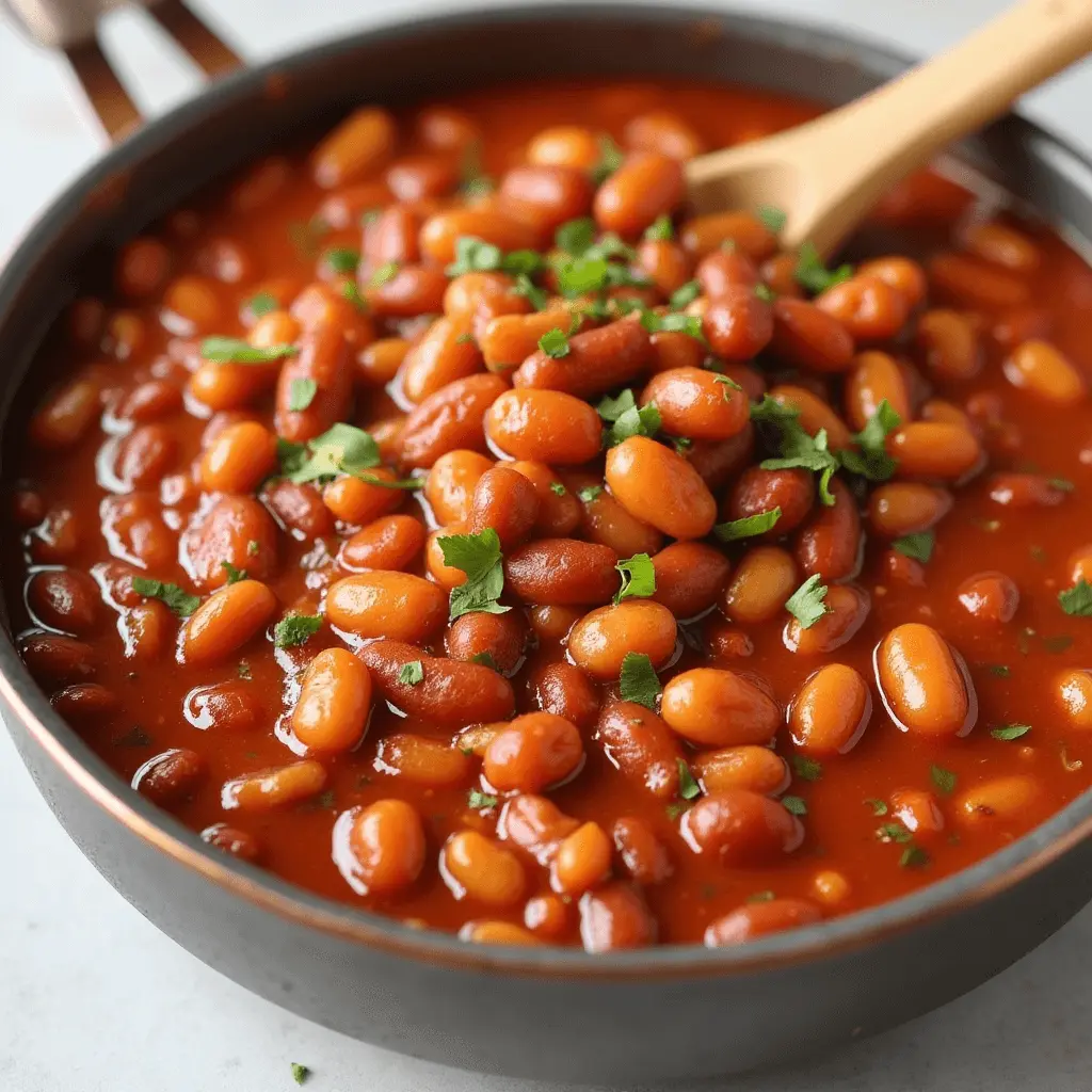 A close-up of a bowl filled with baked beans in a rich, savory tomato sauce, garnished with fresh parsley.