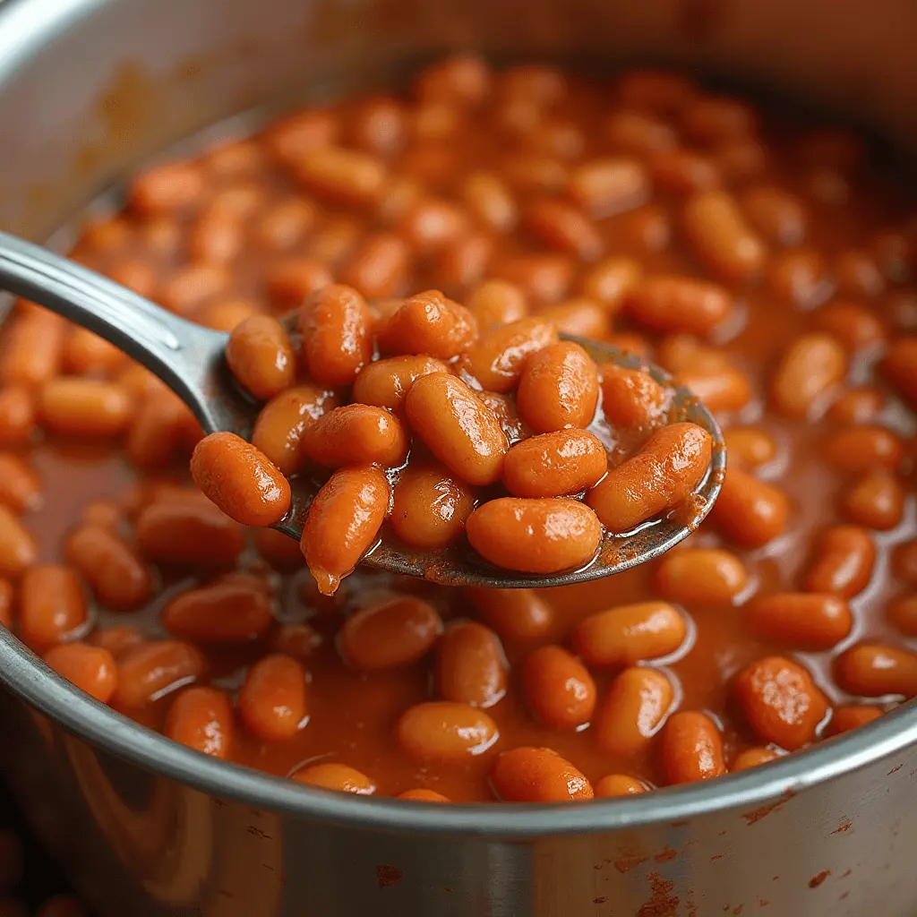 A close-up of a spoon lifting a serving of baked beans from a pot, showcasing their rich, glossy sauce and tender texture.