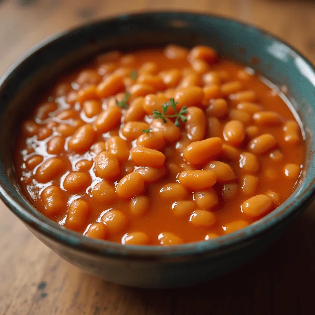 A rustic bowl filled with rich, saucy baked beans, garnished with fresh herbs, sitting on a wooden table.