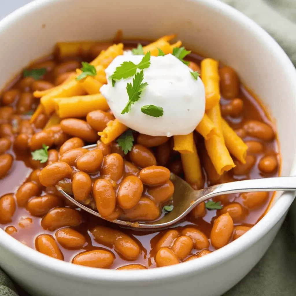 A bowl of baked beans topped with shredded cheddar cheese, sour cream, and fresh parsley, with a spoonful lifted.