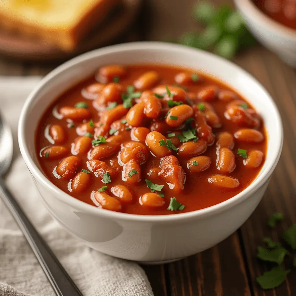 A bowl of baked beans in a rich tomato sauce, garnished with fresh parsley, served on a rustic wooden table.