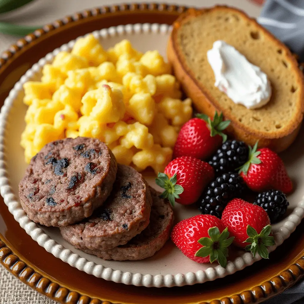 A plate of creamy beef sausages topped with three browned sausages, melted butter, and fresh thyme.