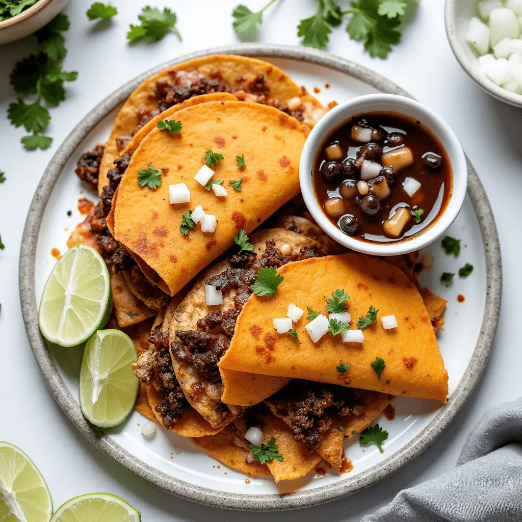 A plate of crispy birria tacos filled with seasoned beef, garnished with fresh cilantro and onions, served with a side of rich consommé.