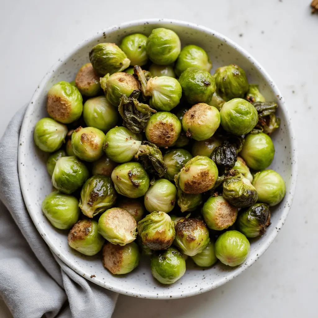 A bowl of roasted Brussels sprouts with a golden-brown sear, served in a white speckled dish on a white surface with a gray napkin beside it.