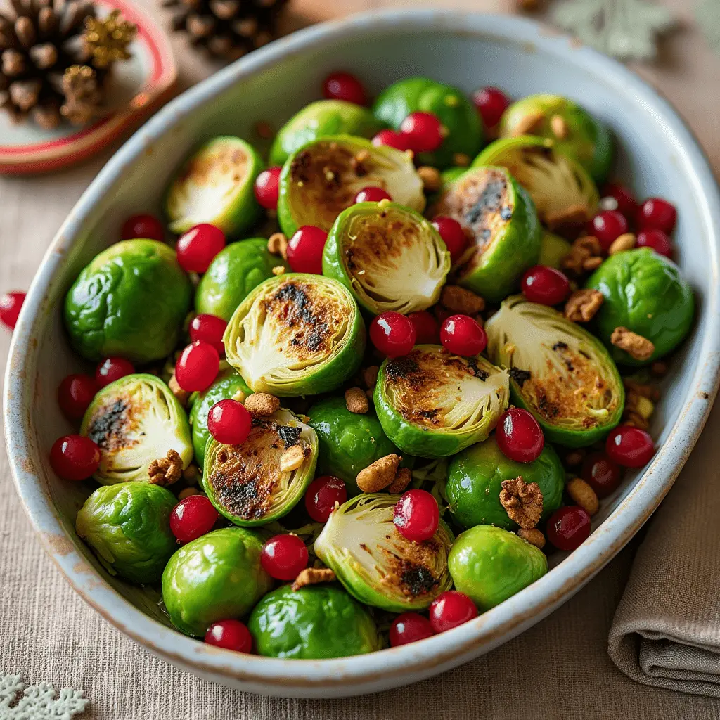 A festive dish of roasted Brussels sprouts with cranberries and toasted nuts, served in a rustic ceramic bowl. The sprouts are caramelized to perfection, and the vibrant red cranberries add a pop of color.