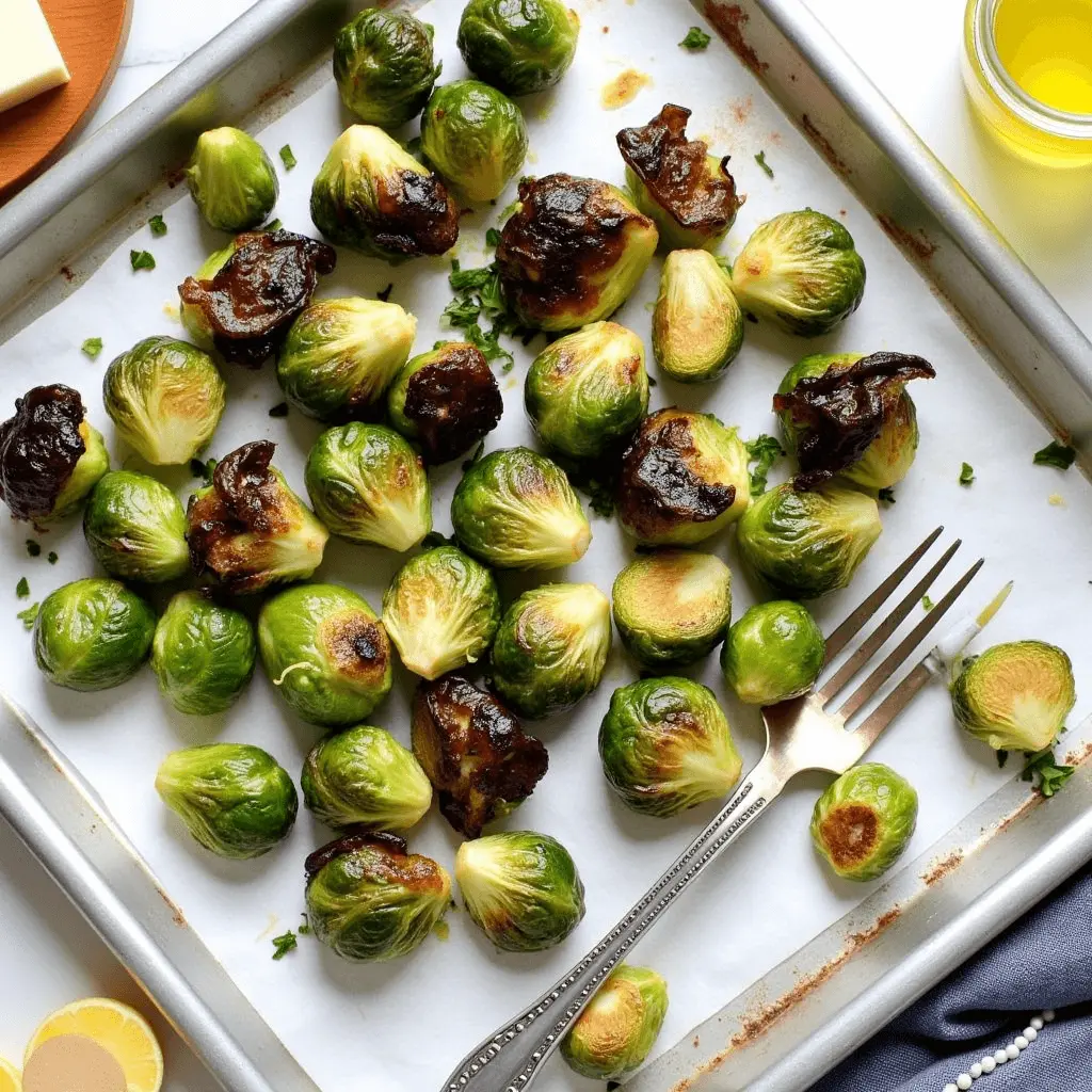 A baking sheet lined with parchment paper, filled with roasted Brussels sprouts, some with crispy, caramelized edges, garnished with fresh herbs. A fork rests on the tray alongside lemon wedges and olive oil.