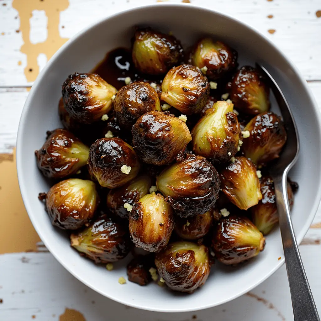 A bowl of caramelized Brussels sprouts coated in a rich, glossy balsamic glaze, garnished with crumbled cheese or minced garlic, served with a spoon on a rustic wooden surface.