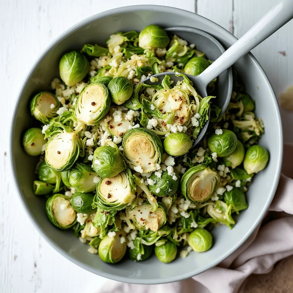 A bowl of roasted Brussels sprouts with a golden-brown sear, served in a white speckled dish on a white surface with a gray napkin beside it.