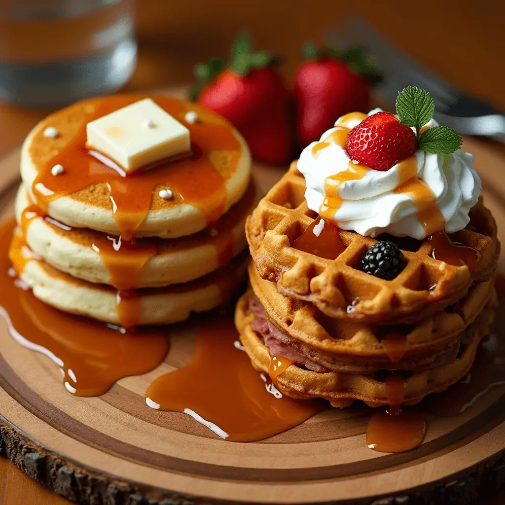 A wooden plate with a stack of golden pancakes topped with butter and syrup, alongside crispy waffles adorned with whipped cream, strawberries, and caramel drizzle.