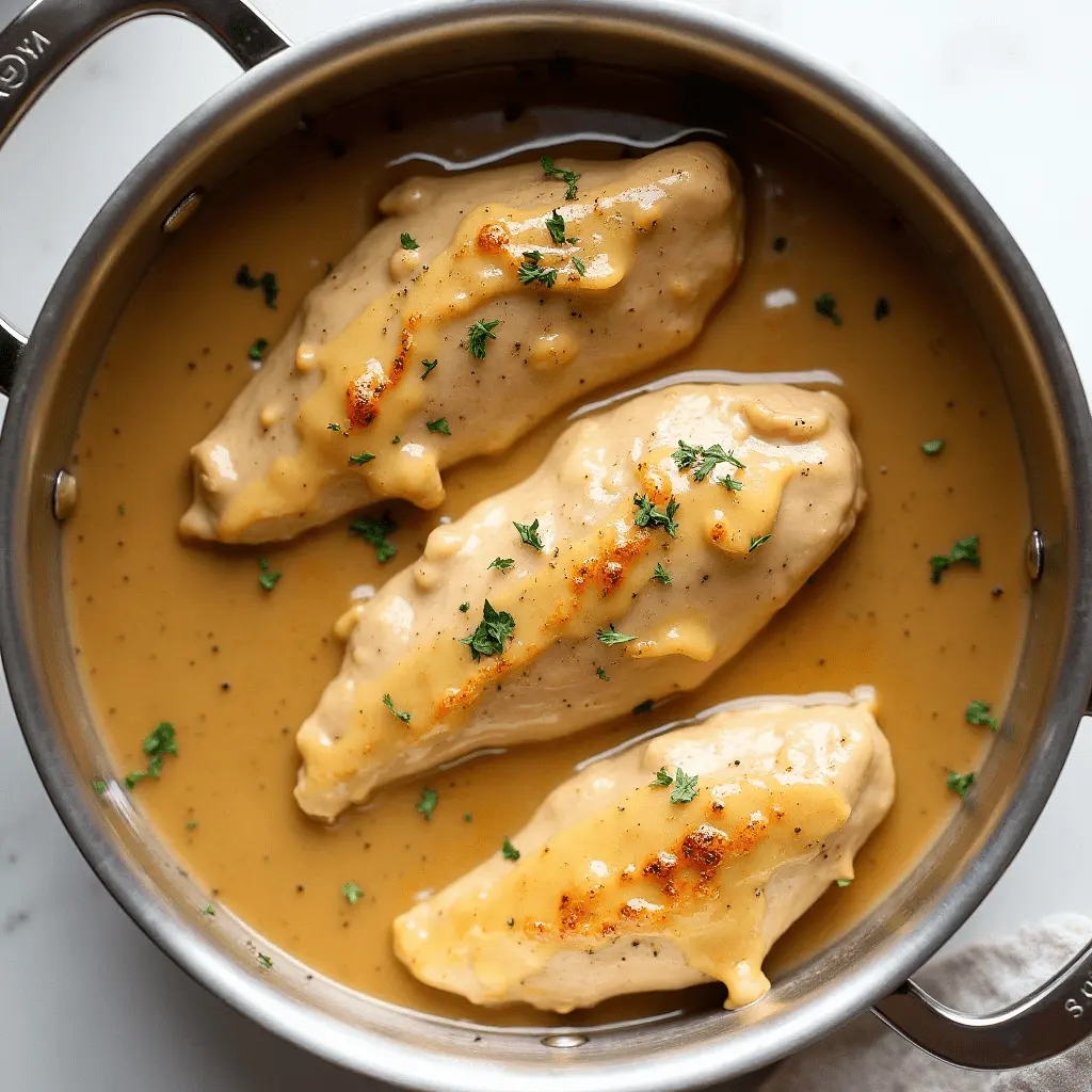 A pan filled with three tender chicken breasts smothered in a rich, golden gravy, garnished with fresh parsley.

