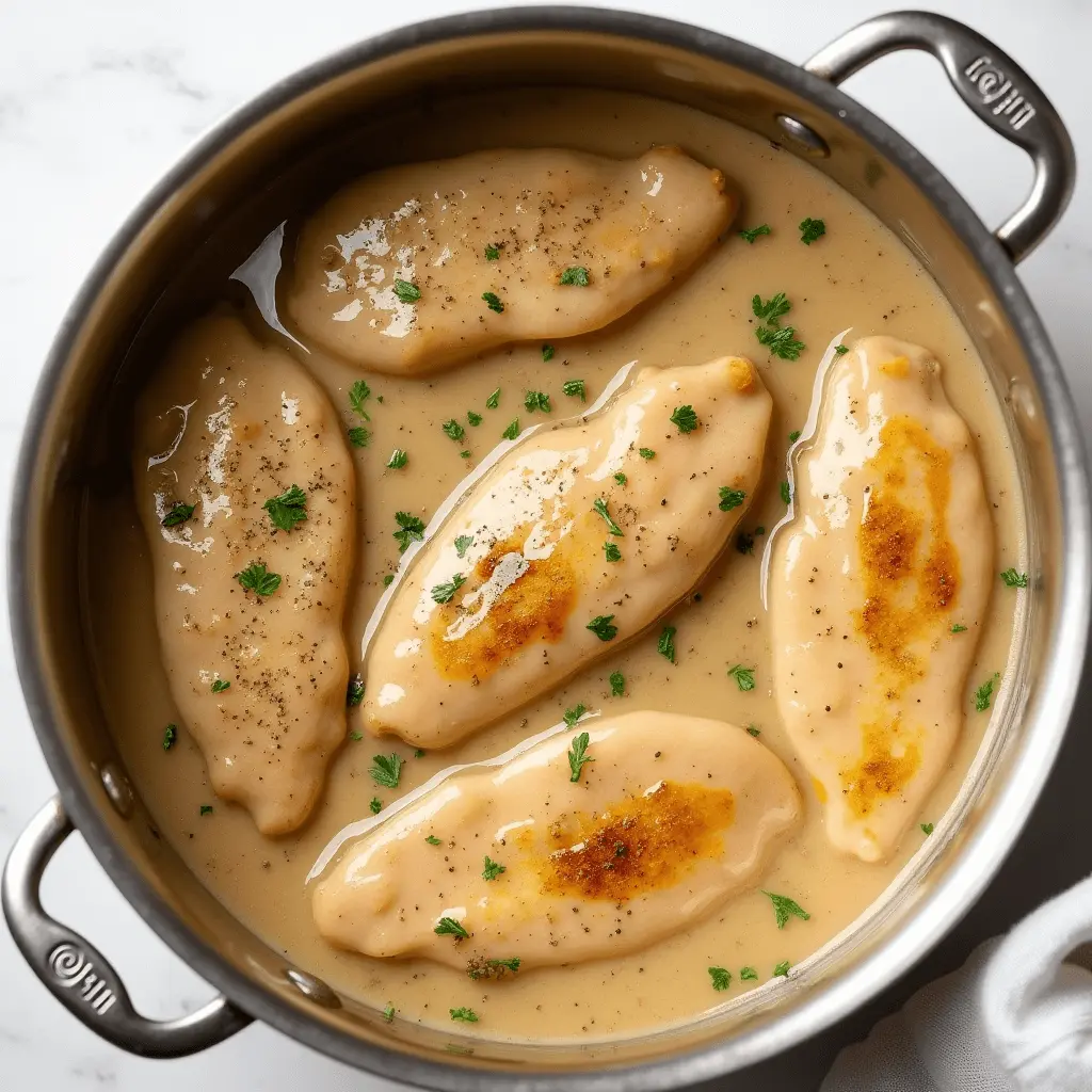 A pot of tender chicken breasts smothered in a rich, golden brown gravy, garnished with freshly chopped parsley.