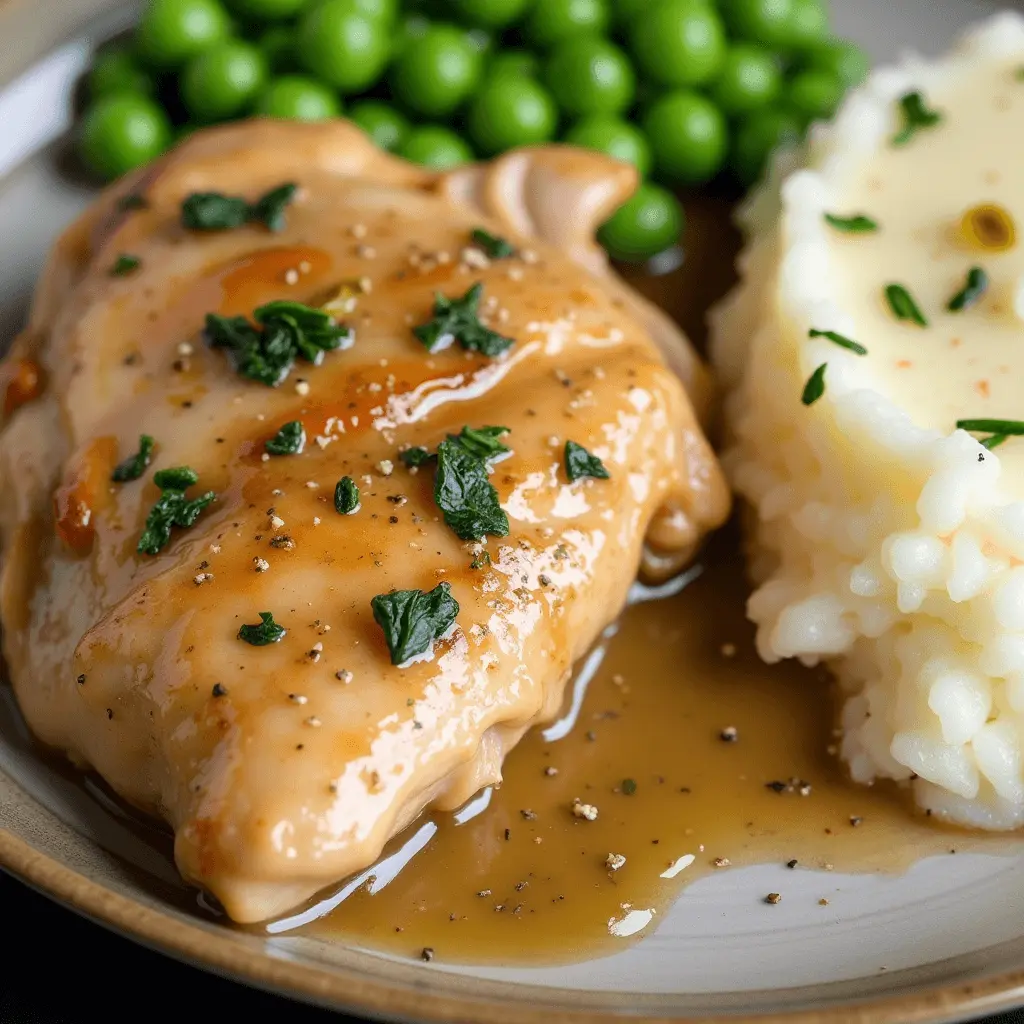 A plate of tender chicken covered in rich brown gravy, garnished with fresh herbs, served alongside creamy mashed potatoes and vibrant green peas.