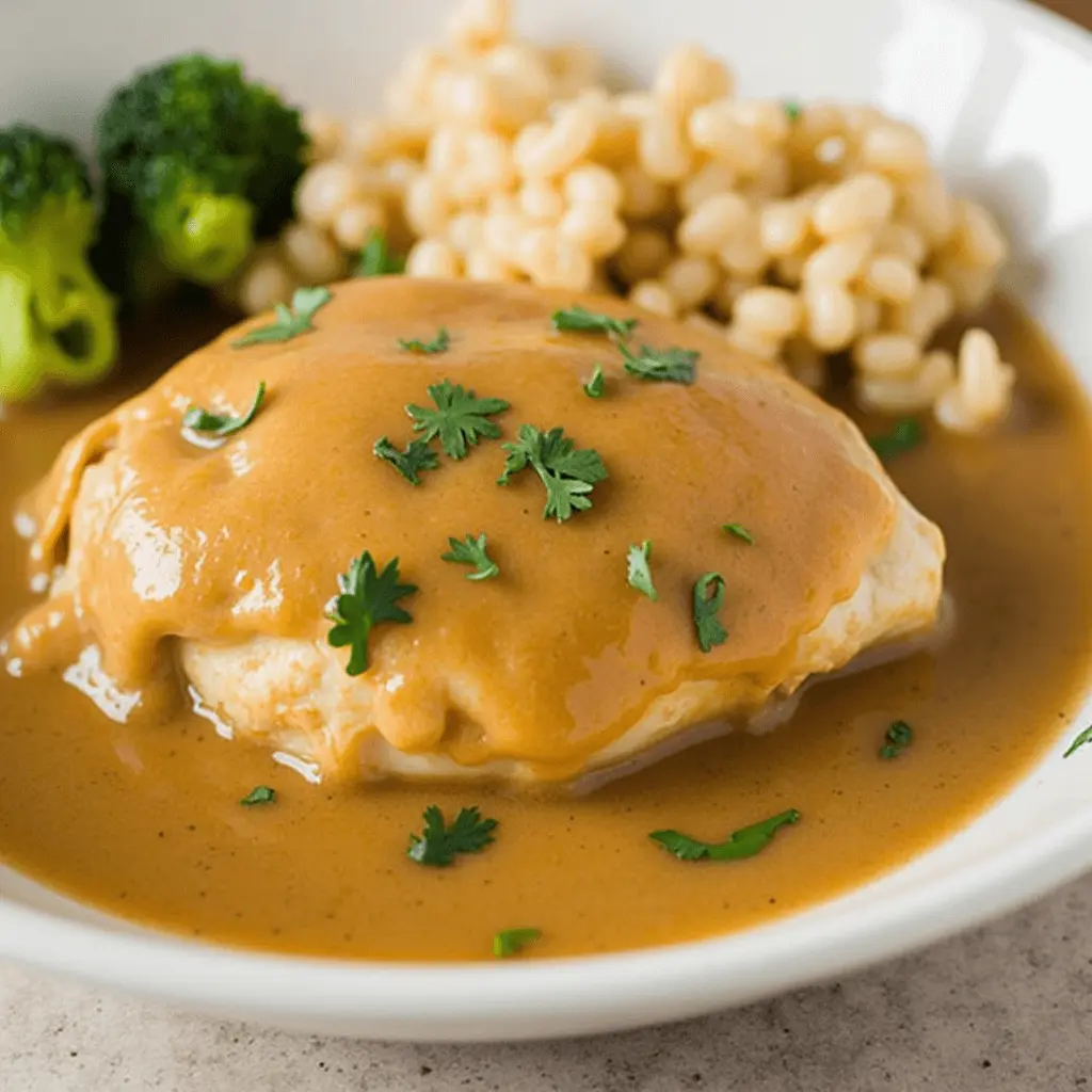 A plate of tender chicken breast smothered in rich brown gravy, garnished with fresh parsley, served with barley and steamed broccoli.