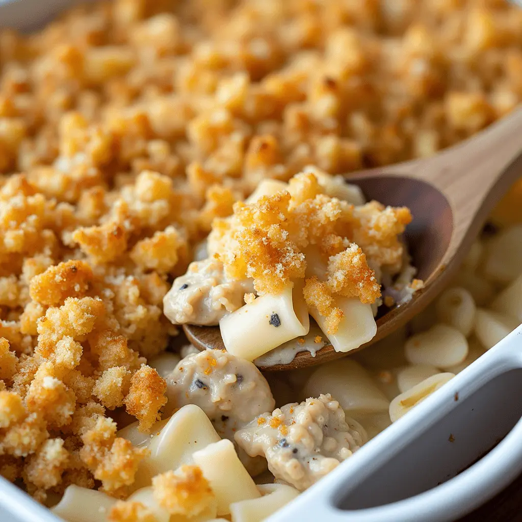 A close-up of a creamy chicken pasta casserole with a golden, crispy breadcrumb topping being scooped with a wooden spoon.