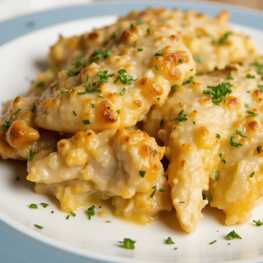 Cheesy baked chicken with a golden crust, topped with fresh parsley and served on a white plate.

