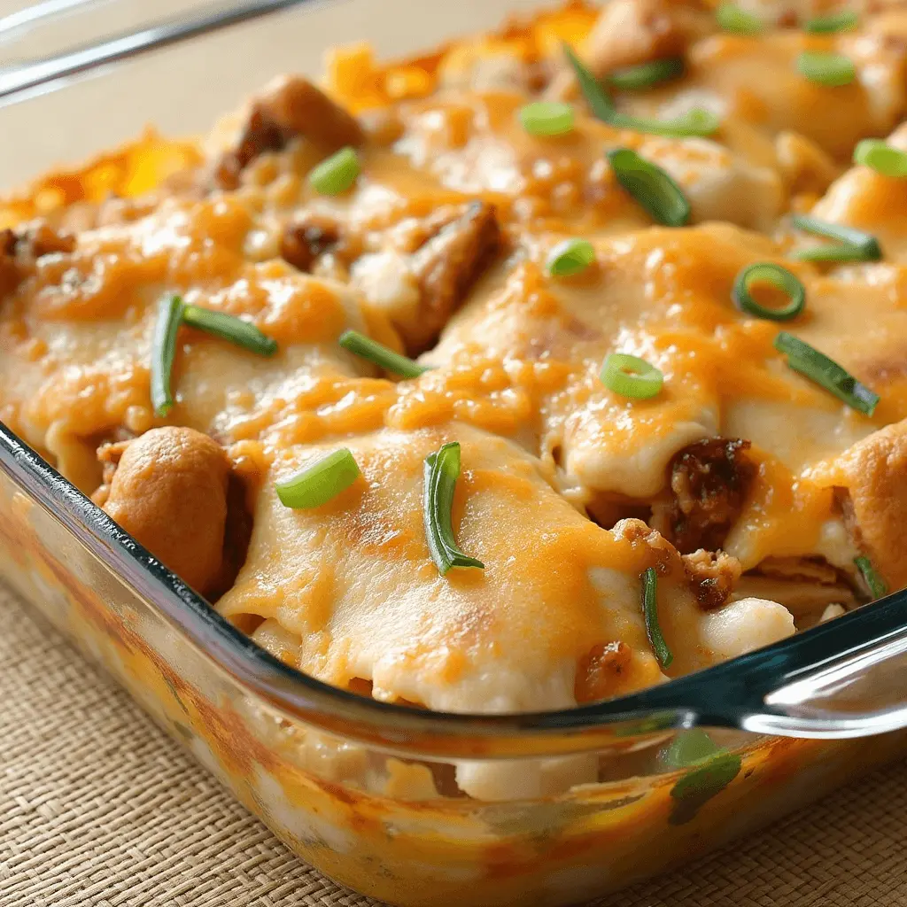 Cheesy baked chicken casserole with a golden, bubbly top, garnished with fresh green onions.