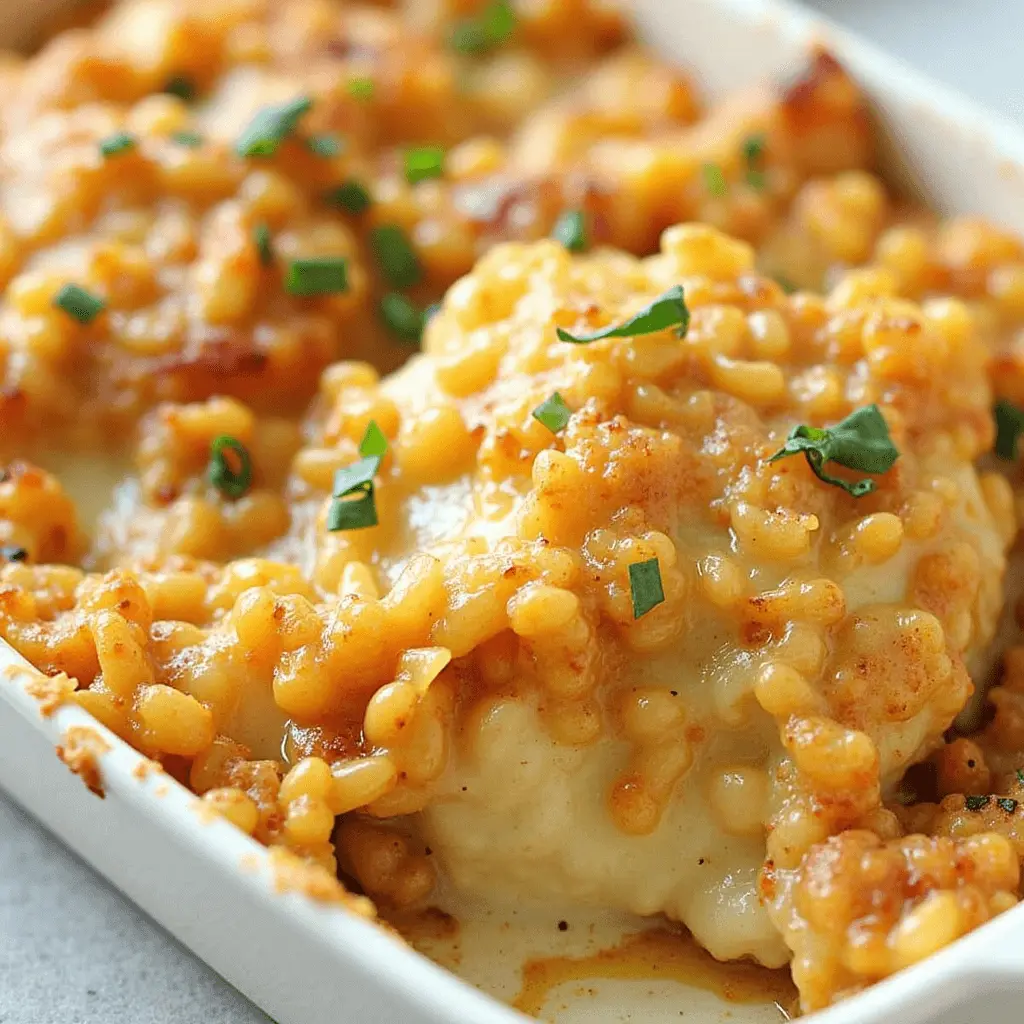 Cheesy baked chicken casserole topped with creamy rice and garnished with fresh herbs.