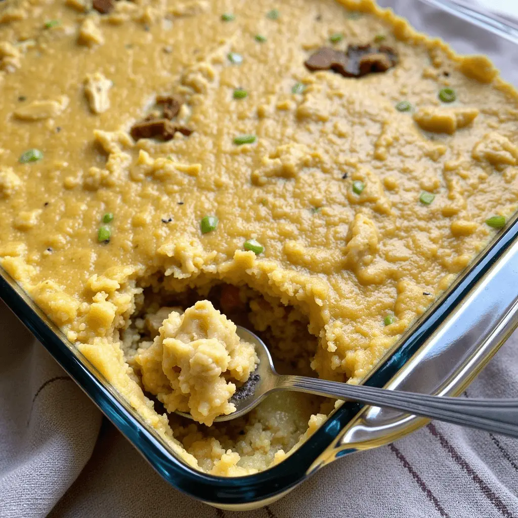 A creamy baked casserole with a golden, smooth topping, garnished with green onions, served in a glass dish with a spoon scooping out a portion.