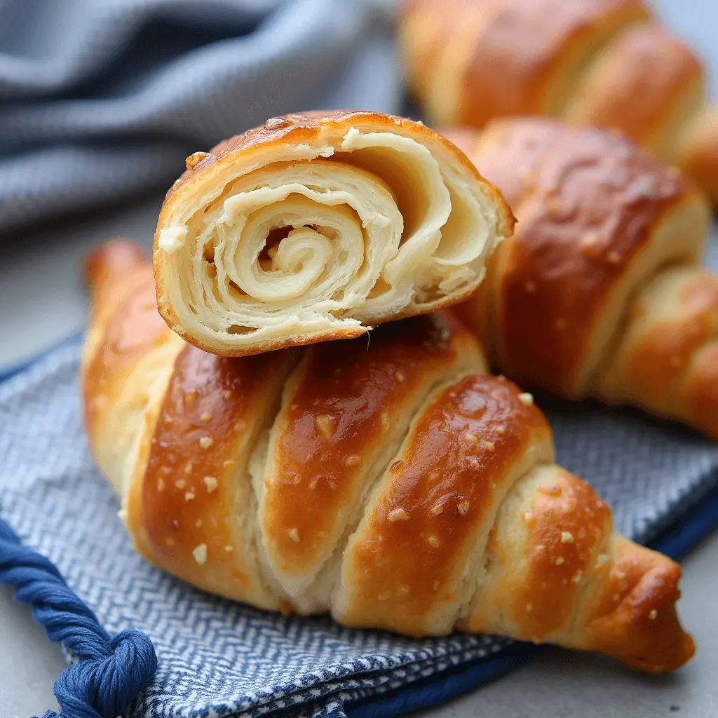 A close-up of golden-brown croissants with a flaky, layered interior, one cut open to reveal its delicate, airy structure, placed on a blue woven cloth.