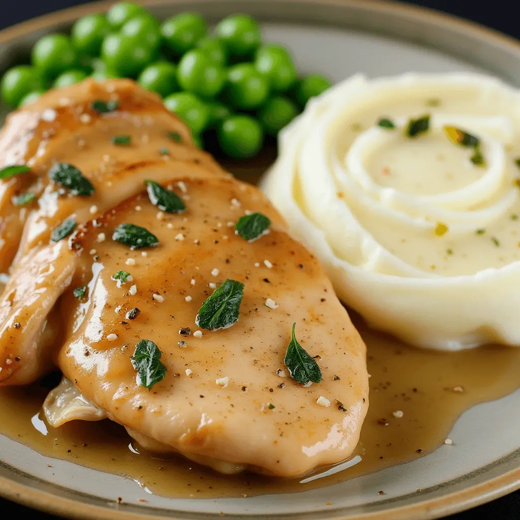 A plate of golden brown, herb-seasoned chicken breast drizzled with savory sauce, served with creamy mashed potatoes and vibrant green peas.