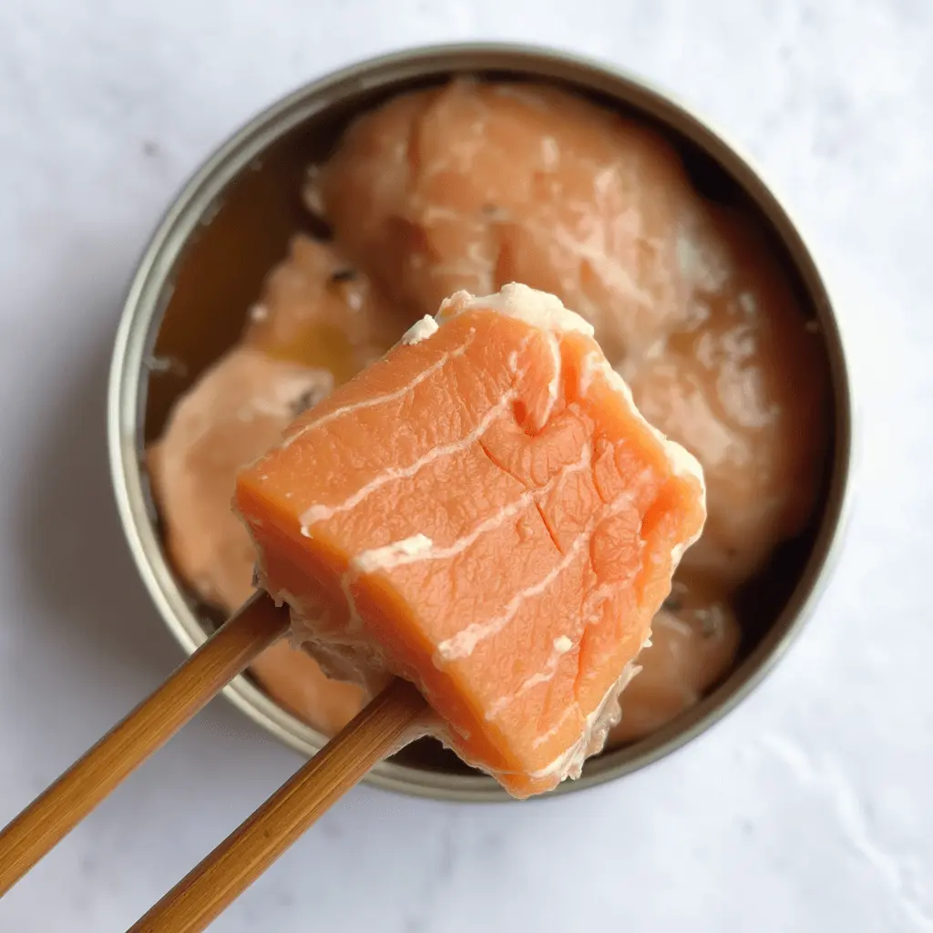 A close-up of canned salmon, with a piece held by wooden chopsticks over an open tin.