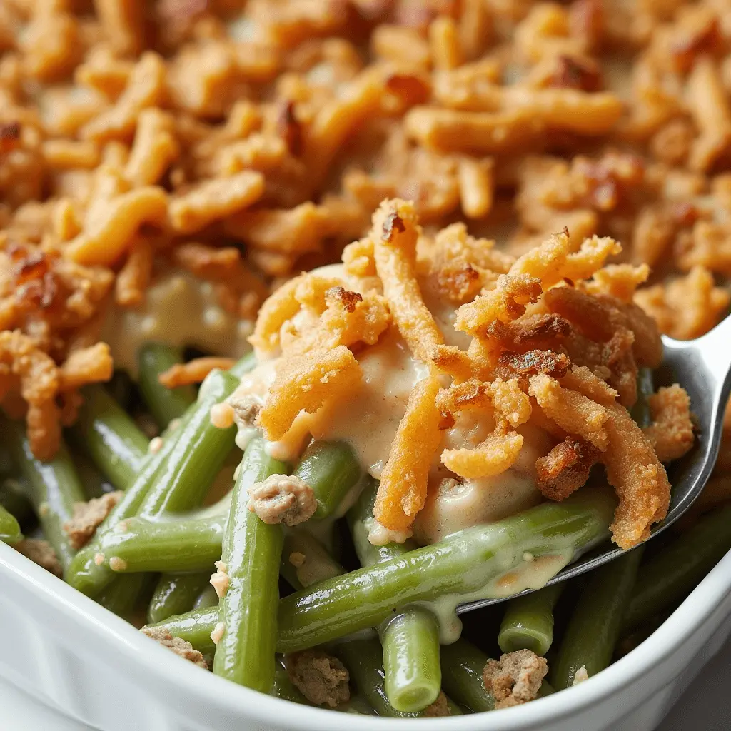 A close-up of a homemade green bean casserole with crispy fried onions on top, creamy sauce, and fresh green beans in a white baking dish.